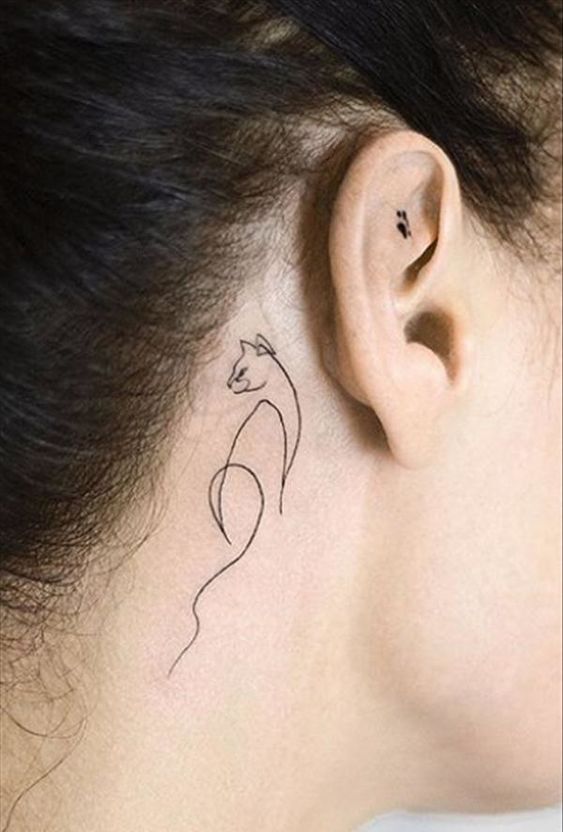 Hình xăm mèo mini một nét sau tai hình xăm con mèo mini một nét sau tai