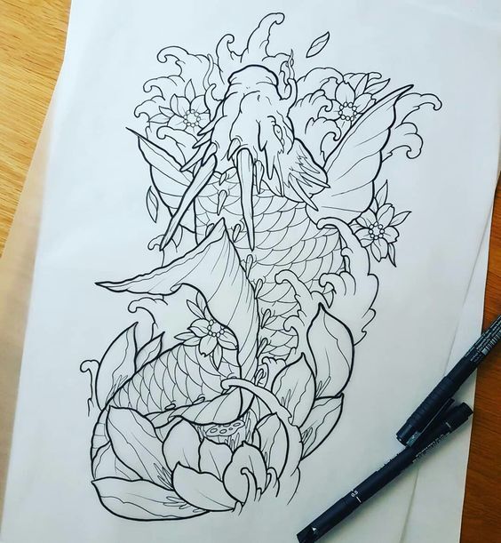 Hình xăm phác thảo cá chép đầu rồng và hoa sen không màu phác họa tattoo cá chép đầu rồng và hoa sen không màu