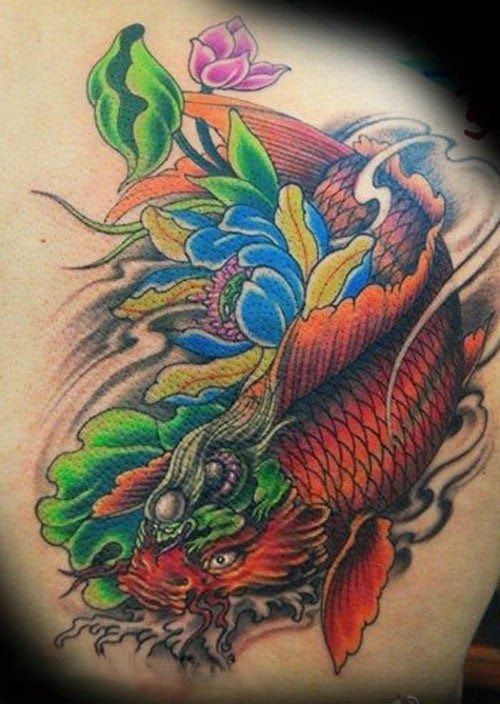 Hình xăm cá chép đỏ kết hợp hoa sen hình xăm cá chép đỏ kết hợp hoa sen