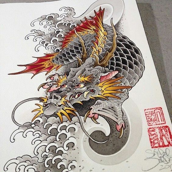 Hình xăm cá chép hóa rồng phác họa hình xăm cá chép chuyển hóa thành rồng