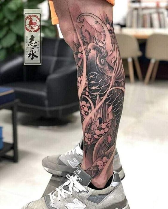 Hình xăm cá chép toàn bắp chân đẹp