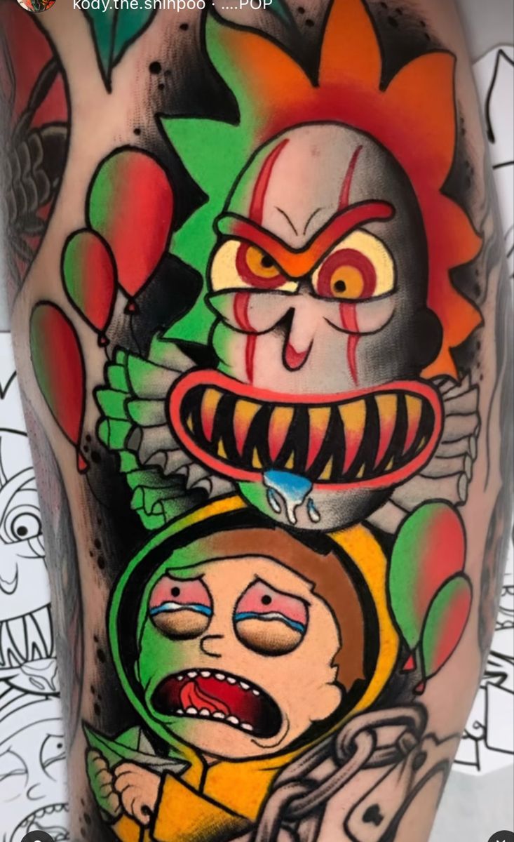 Một nhân vật hoạt hình có hình xăm chú hề nét hoạt hình của tattoo chú hề