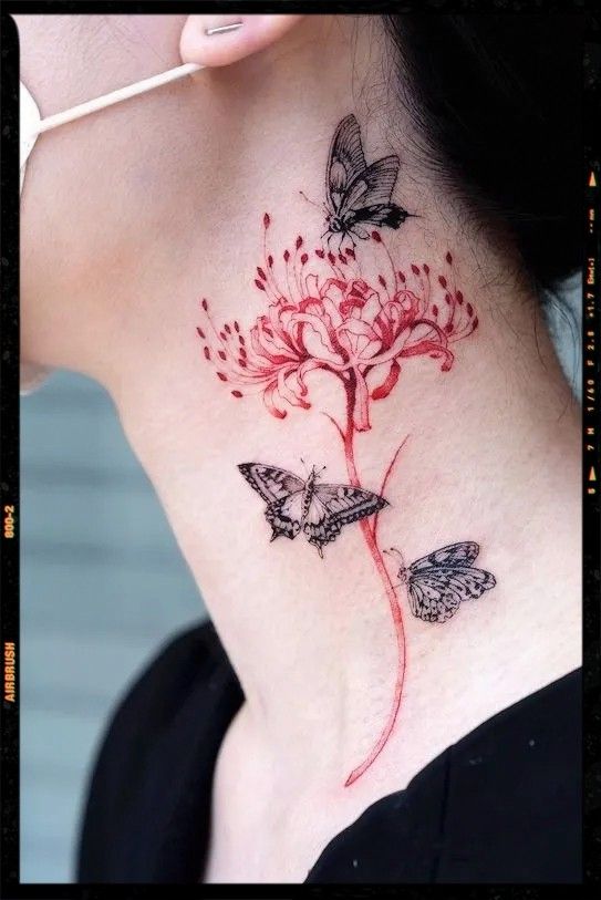 tattoo bỉ ngạn mini kèm bướm xinh ở cổ