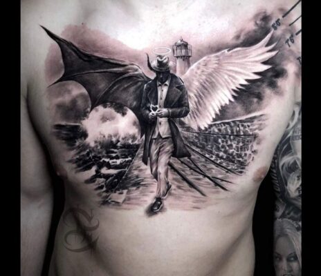 Hình xăm Lucifer với đôi cánh đen trắng xăm lucifer với đôi cánh đen trắng