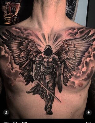 Một hình xăm lucifer mát mẻ trên ngực cho khách hàng xăm lucifer cực ngầu ở ngực cho khách