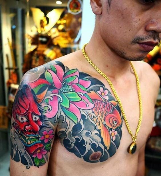 tattoo cá chép mặt quỷ và họa tiết nhật bản