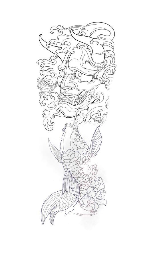 phác thảo tattoo cá chép và mặt quỷ đơn giản không màu