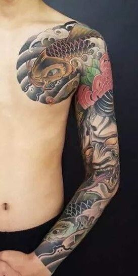 tattoo cặp cá chép kết hợp với không mặt quỷ kín cánh tay cực đẹp