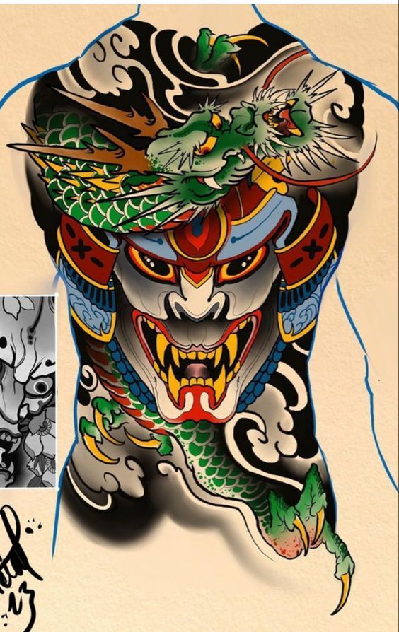 Hình xăm mặt quỷ đội mũ samurai cùng với một con rồng xanh tattoo mặt quỷ đội mũ samurai kết hợp rồng xanh