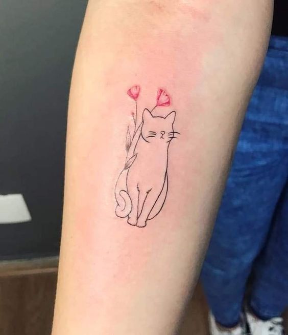 Hình xăm mini mèo và bông hoa cực đẹp tattoo mini hình con mèo và cành hoa cực đẹp