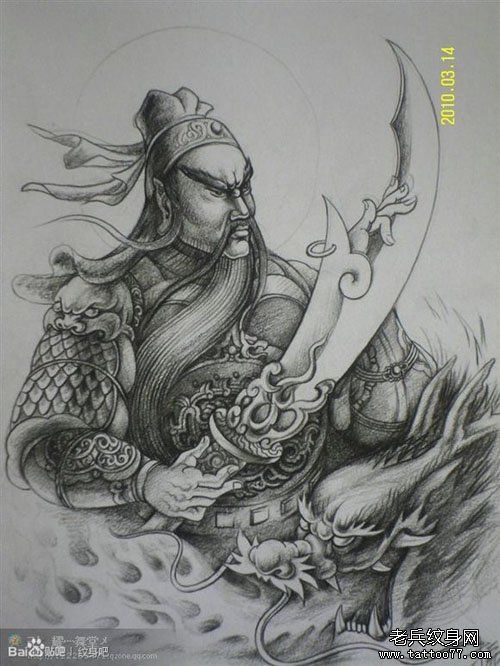 Phác họa hình xăm Quan Vũ cầm đại đao đơn sắc phác họa hình xăm quan vũ cầm đại đao đơn sắc