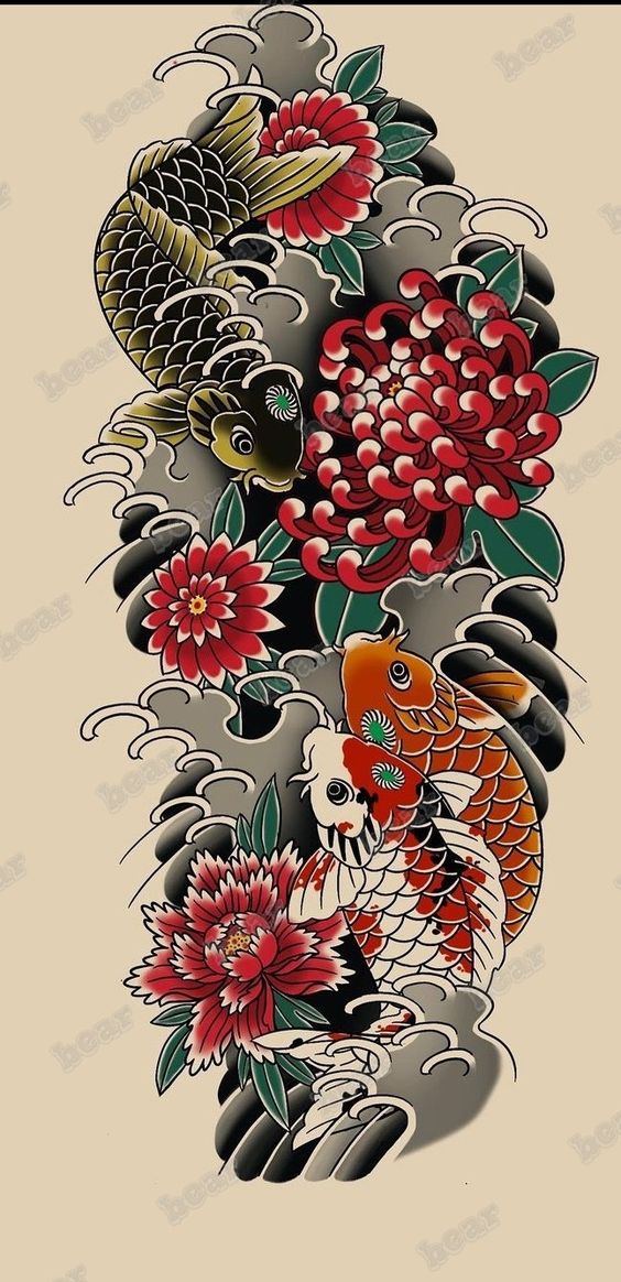 Ý tưởng hình xăm cặp đôi cá chép đen đỏ với hoa cúc 150 mẫu hình xăm cá chép hoa cúc tuyển chọn đẹp nhất - Genztattoo