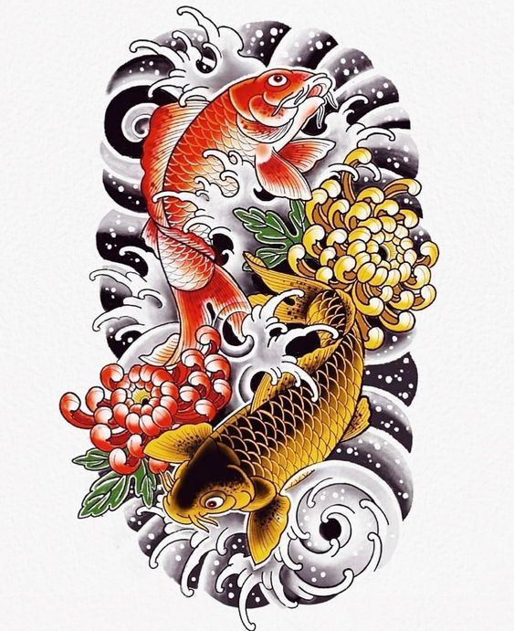 Một cặp cá chép và một cặp ý tưởng hình xăm hoa cúc đỏ và vàng 150 mẫu hình xăm cá chép hoa cúc tuyển chọn đẹp nhất - Genztattoo