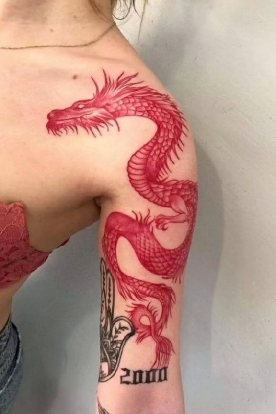 hình xăm rồng đỏ siêu ngầu dành cho một khách hàng nữ trên bắp tay 200+ hình xăm rồng mang phong cách nhật cổ đến tả thực cực đẹp - Genztattoo