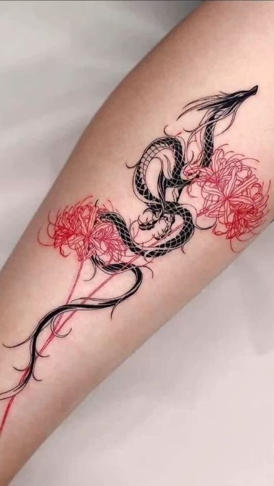 Hình xăm rồng đen cách điệu và hoa loa kèn nhện trên cẳng tay 200+ hình xăm rồng mang phong cách nhật cổ đến tả thực cực đẹp - Genztattoo