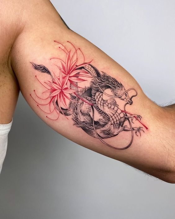 hình xăm rồng và hoa loa kèn nhện trên bắp tay 200+ hình xăm rồng mang phong cách nhật cổ đến tả thực cực đẹp - Genztattoo