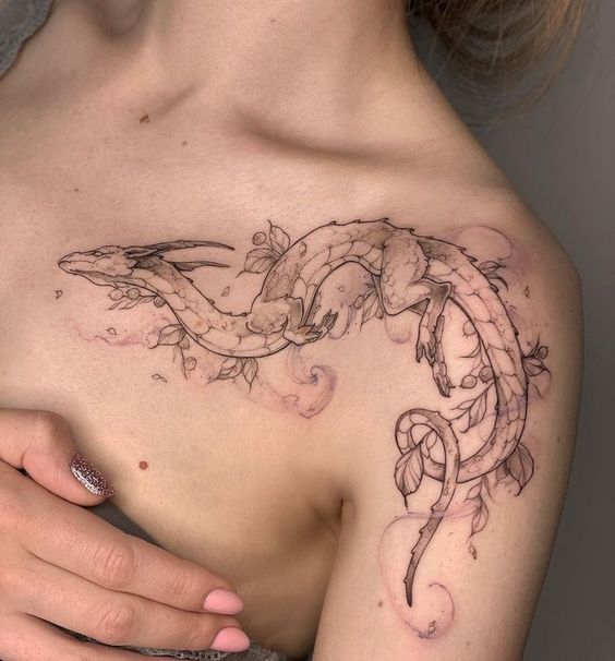 Hình xăm rồng uốn lượn đơn sắc trên vai của khách hàng nữ 200+ hình xăm rồng mang phong cách nhật cổ đến tả thực cực đẹp - Genztattoo