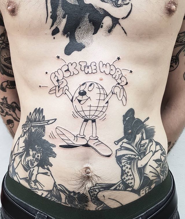 Phong cách xăm chữ hoạt hình trên bụng kiểu tattoo chữ hoạt hình trên bụng