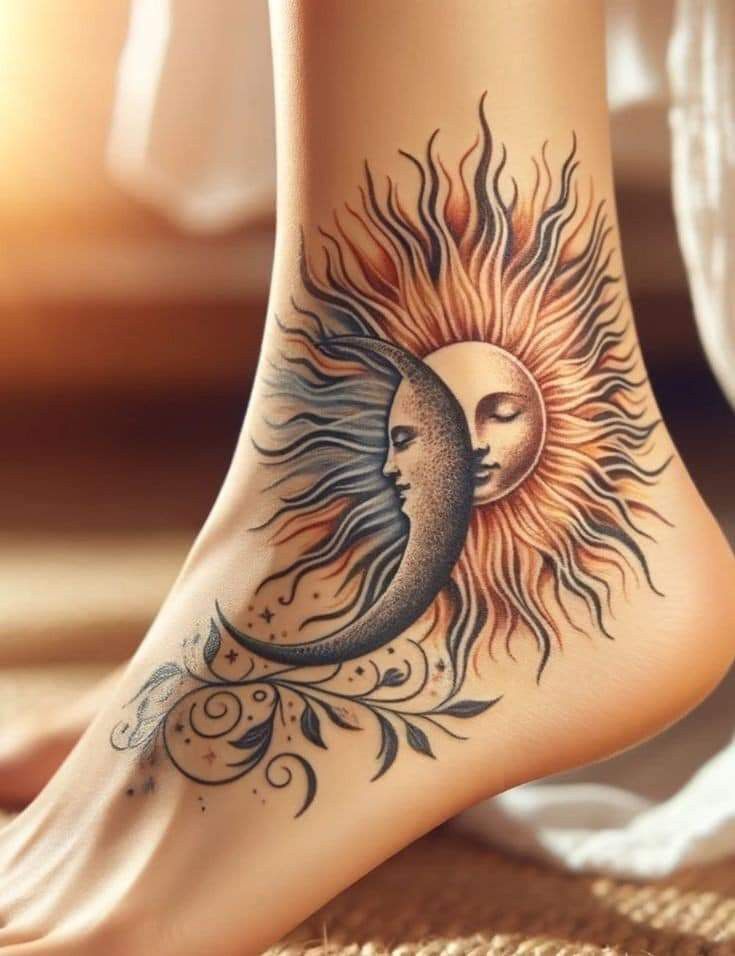 Hình xăm mặt trời và mặt trăng ở mắt cá chân Hình xăm mặt trời và mặt trăng ở cổ chân