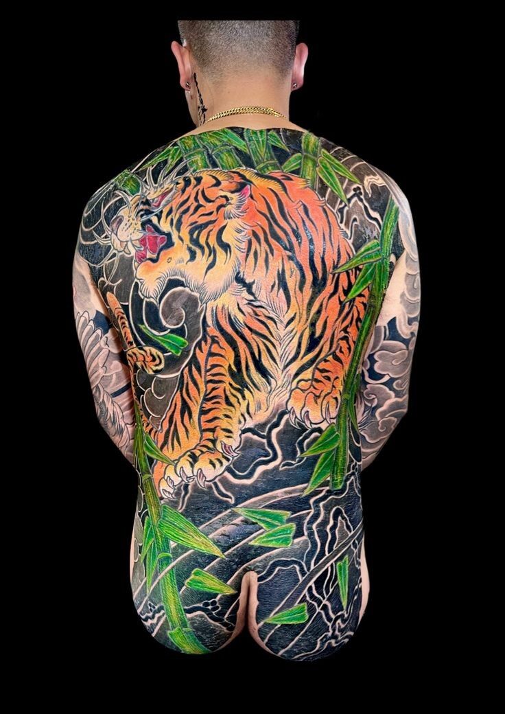 Hình xăm hổ rừng tre kín lưng hình xăm hổ giữa rừng tre full lưng
