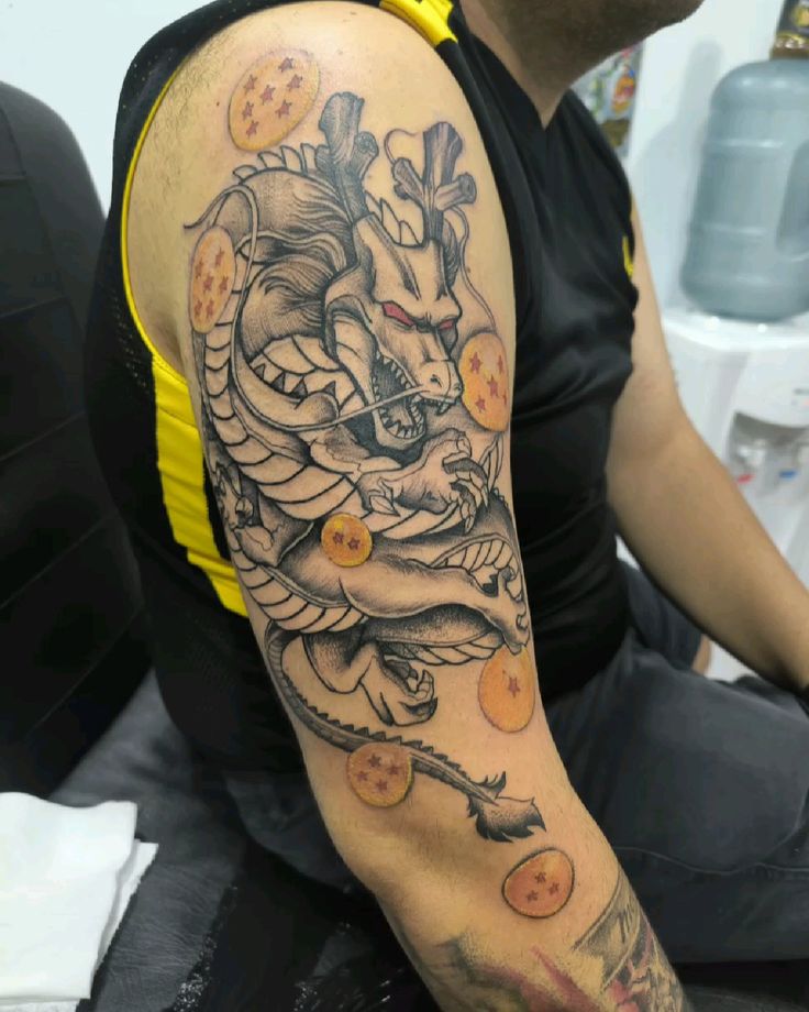 Hình xăm rồng đơn sắc và ngọc rồng Shenron hình xăm rồng thần shenron đơn sắc và bảy viên ngọc rồng