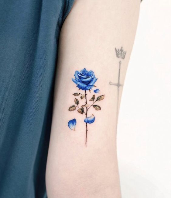 thiết kế hình xăm hoa hồng xanh mini cực kỳ nóng bỏng mẫu tattoo cành hoa hồng xanh mini cực hot