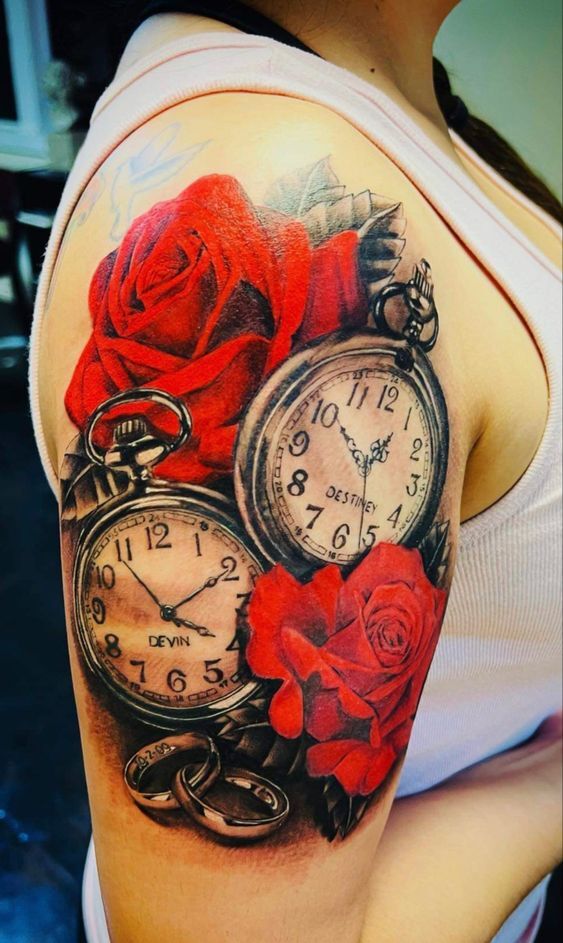 Tattoo đồng hồ và hoa hồng chói lọi