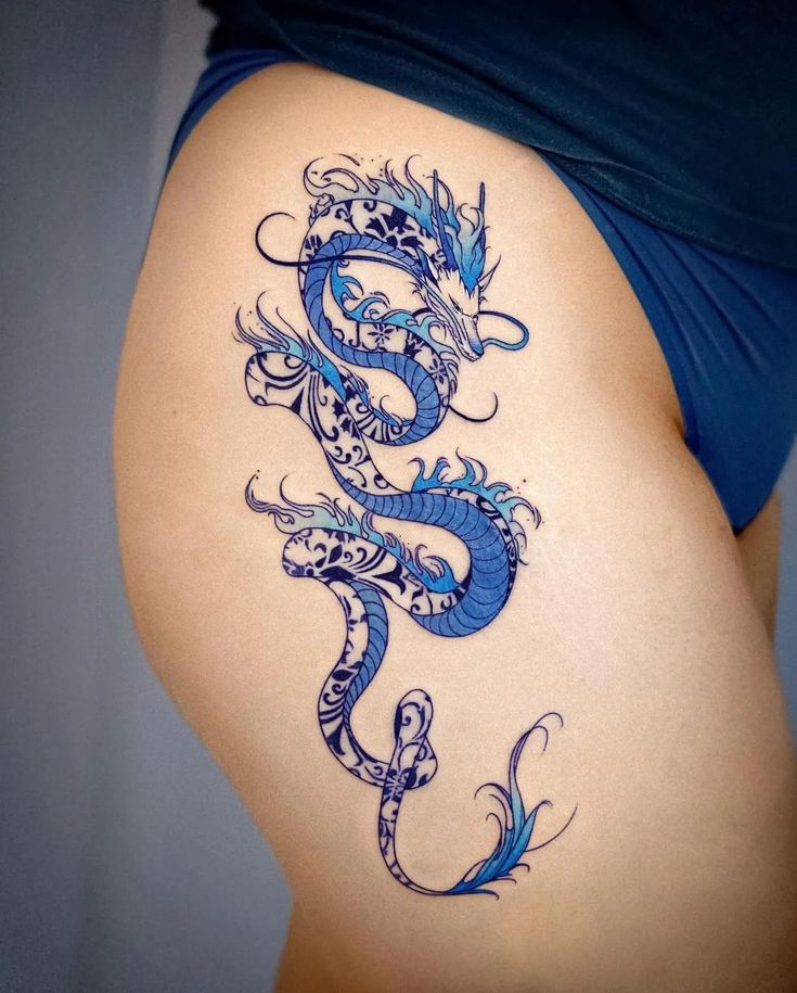 hình xăm rồng haku cách điệu theo phong cách gốm trên đùi 99 mẫu hình xăm rồng xanh đẹp nhất cho anh em đam mê