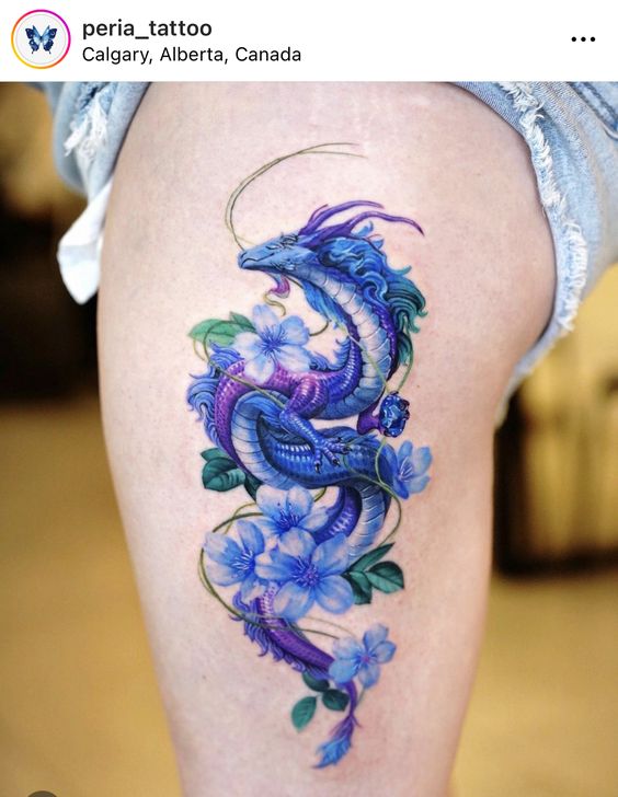 Hình xăm rồng và hoa xanh trên đùi của khách hàng 99 mẫu hình xăm rồng xanh đẹp nhất cho anh em đam mê