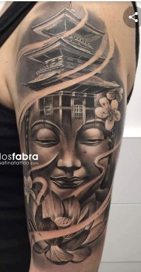 mẫu tattoo biểu tượng Phật giáo và hoa sen full bắp tay mẫu tattoo biểu tượng Phật giáo và hoa sen full bắp tay