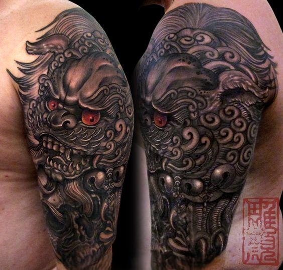 chi tiết hình xăm kỳ lân mắt đỏ kín bắp tay chi tiết hình xăm kỳ lân mắt đỏ kín bắp tay