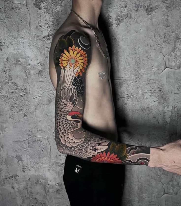 mẫu tattoo con hạc full cánh tay cực đẹp mẫu tattoo con hạc full cánh tay cực đẹp