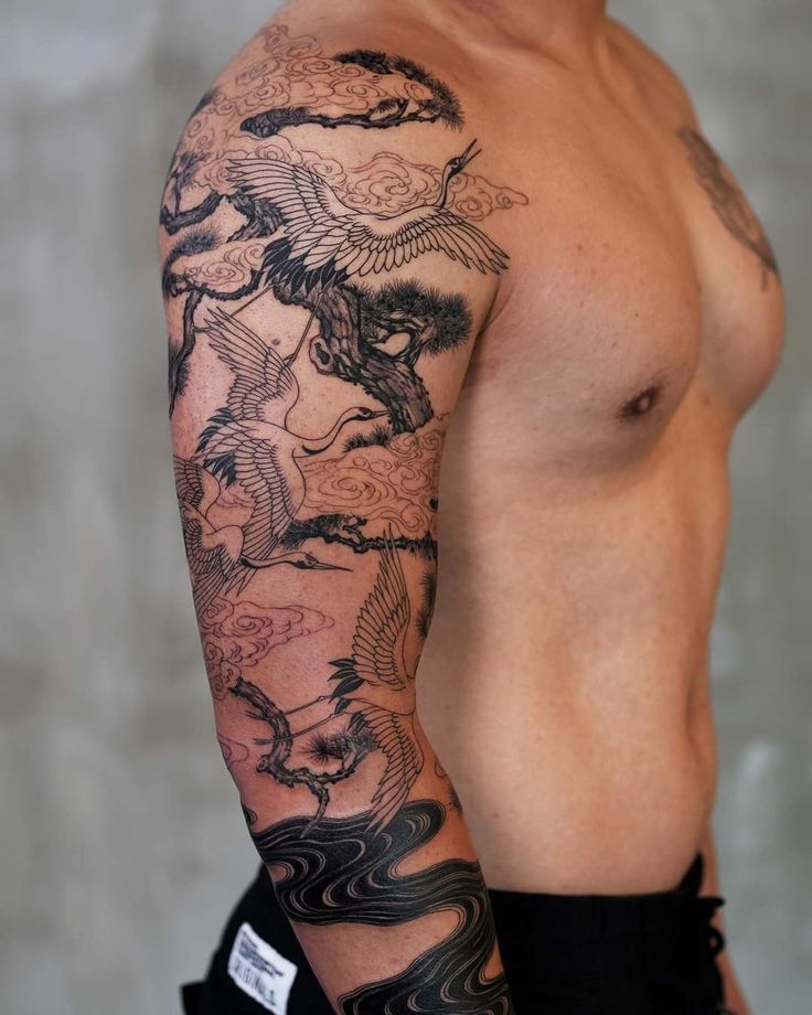 tattoo khung cảnh con hạc full cánh tay tattoo khung cảnh con hạc full cánh tay