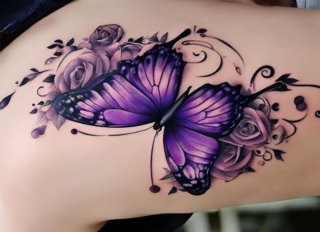 Hình xăm hoa hồng và bướm độc đáo ở lưng hình xăm hoa hồng và bướm phía sau lưng độc lạ