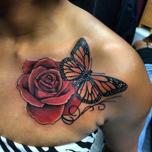 hình xăm hoa hồng đỏ kết hợp với cánh bướm dưới xương đòn tatto hoa hồng đỏ kết hợp với cánh bướm phía dưới xương đòn