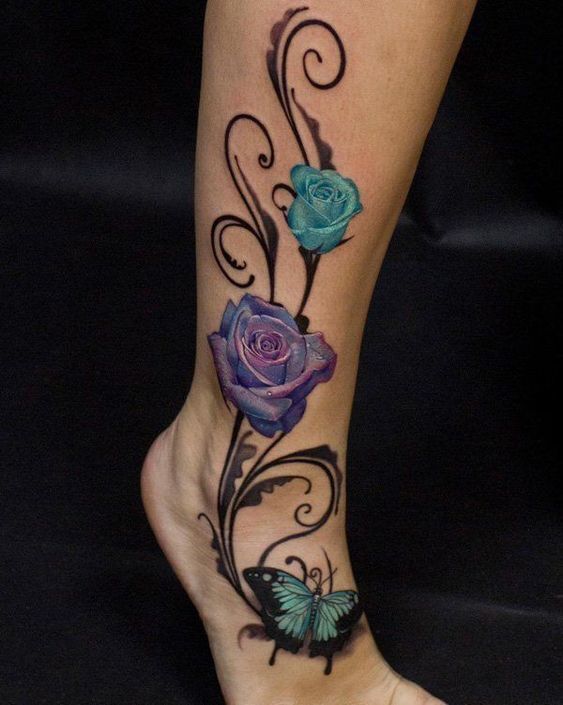 hình xăm hoa hồng và bướm quyến rũ ở mắt cá chân tatto hoa hồng và bướm mê hoặc ở cổ chân
