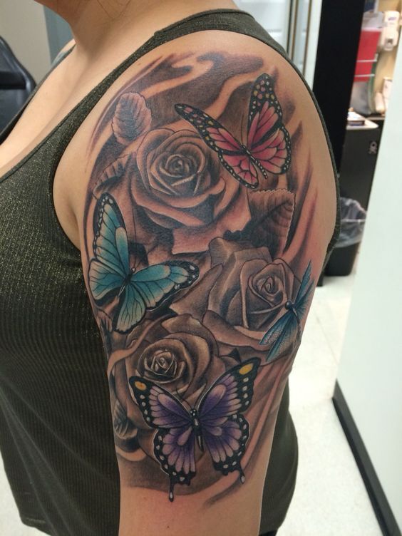 hình xăm phong thủy hoa hồng và bướm tatto hoa hồng và bươm phong thủy
