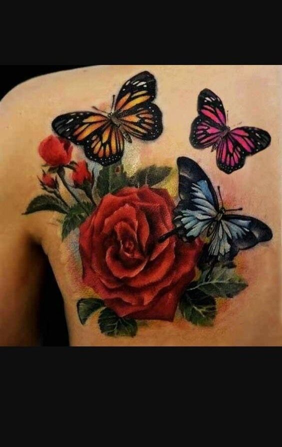 hình xăm hoa hồng và bướm nghệ thuật ở lưng tatto hoa hồng và bướm ở lưng điệu nghệ