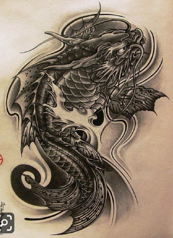 phác họa tattoo cá chép hóa rồng mini đơn sắc