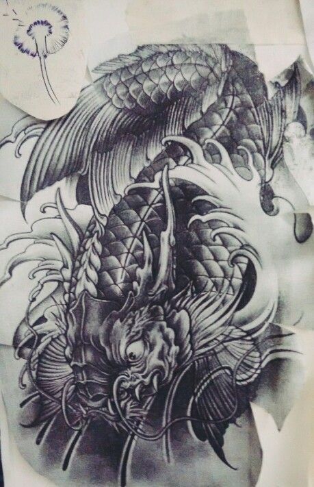 phác họa tattoo cá chép hóa rồng đen trắng mini