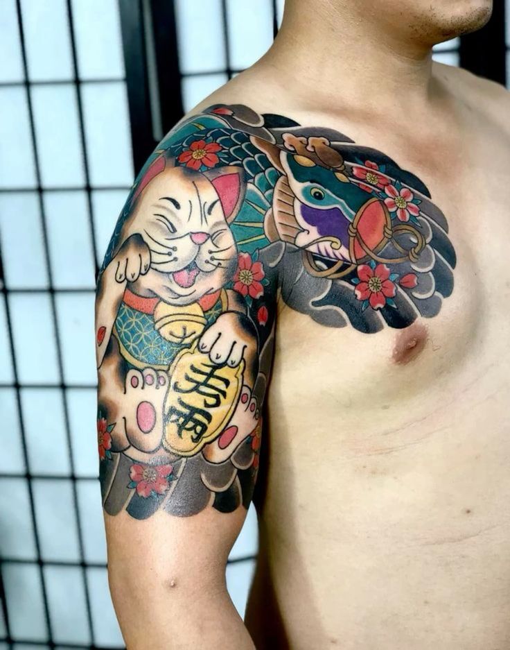 tattoo mèo thần tài kết hợp cá chép vắt vai tattoo mèo thần tài kết hợp cá chép vắt vai