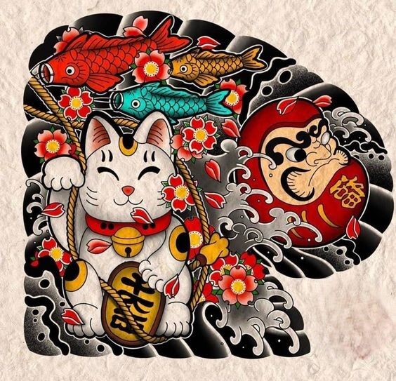 phác họa tattoo mèo thần tài kết hợp cá chép và nhiều họa tiết khác phác họa tattoo mèo thần tài kết hợp cá chép và nhiều họa tiết khác