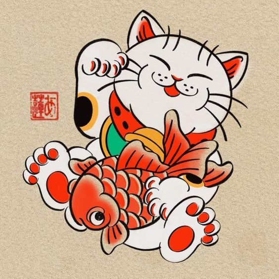 phác họa tattoo mèo thần tài kết hợp cá chép cute phác họa tattoo mèo thần tài kết hợp cá chép cute