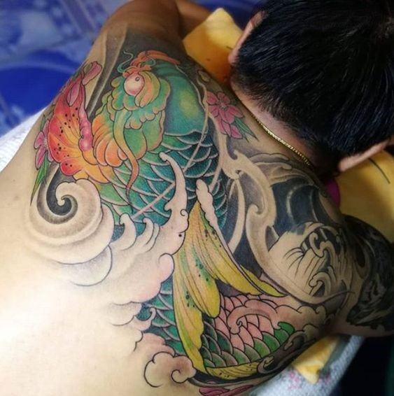 hình xăm cá chép kết hợp hoa anh đào kín nửa lưng trên hình xăm cá chép kết hợp hoa anh đào kín nửa lưng trên